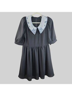 Forever 21 Lolita Mini Dress M Black Chiffon Peterpan Collar Preppy Puff Sleeve